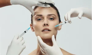 خانم ی با پوست زیبا که دو دست در حال تزریق تزریق فول فیس فیلر برای او هستند