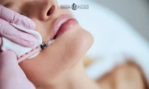 خانمی در حاب تزریق ژل لب به لب پایینی خود